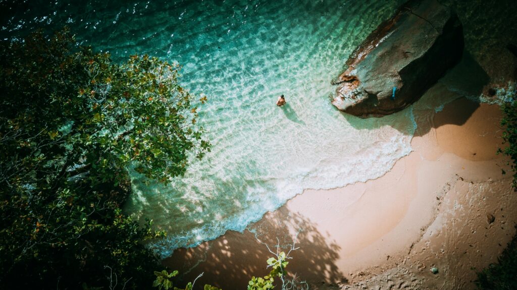 Stunning aerial shot of Beau Vallon Beach, showcasing turquoise waters and sandy shores in Seychelles.